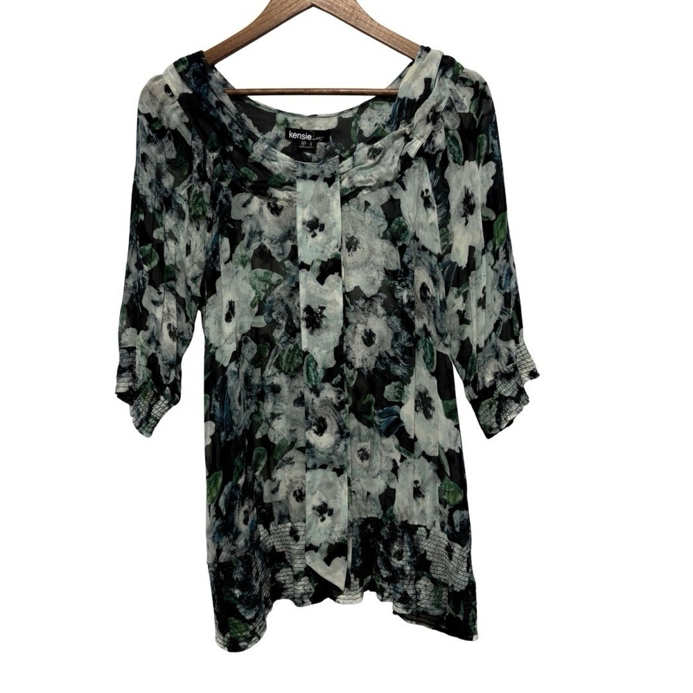 Kensie Blouse Womens L Dark Floral Silk 3/4 Sleeves Bow Front Elastic Waist